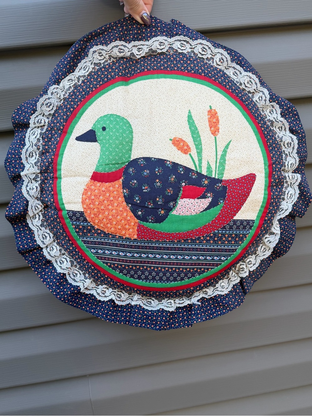 Vintage Handmade Mallard Duck Appliqué Pillow Ruffle Lace Cottagecore
